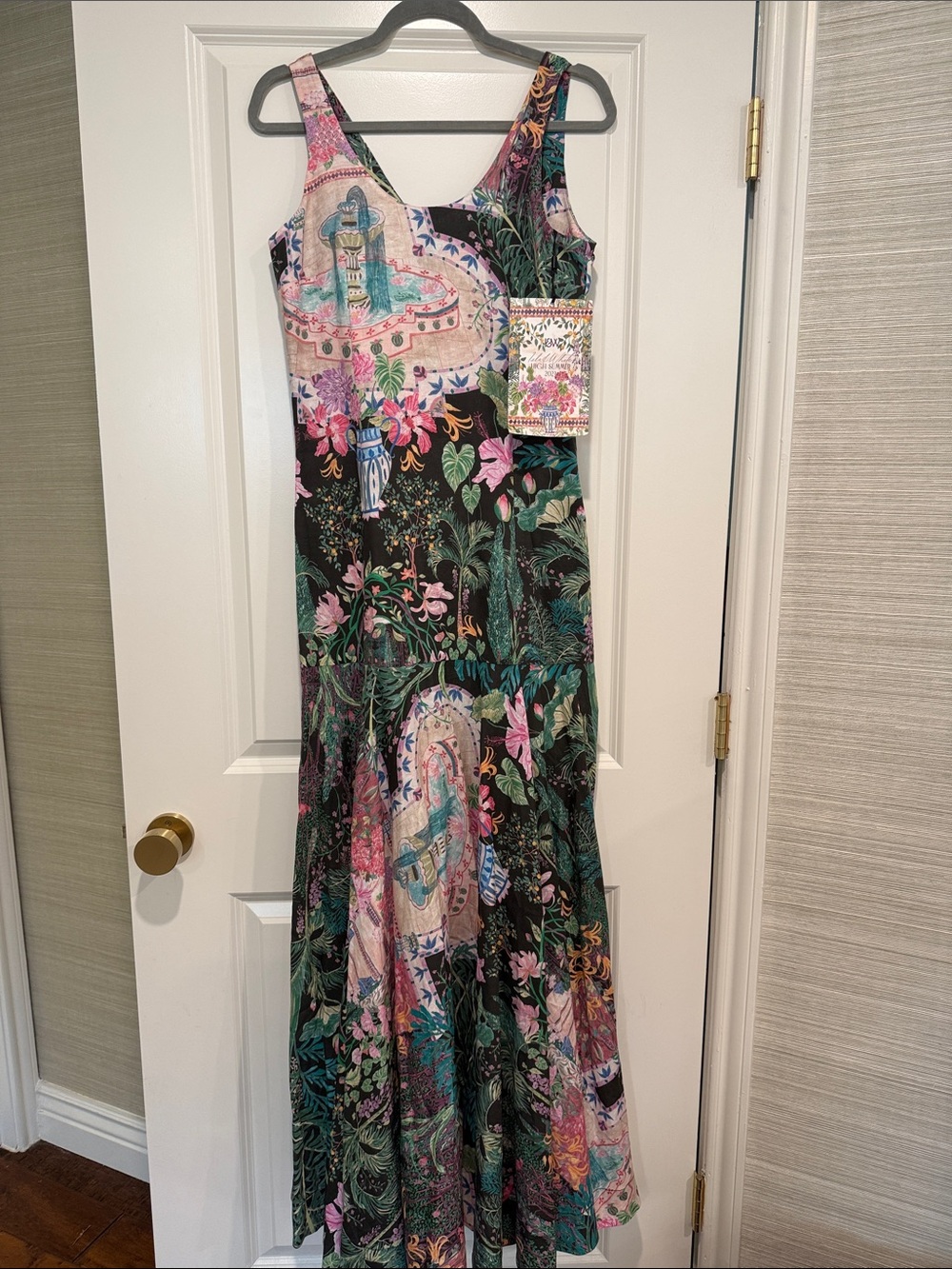Botanical Print Maxi Tank Dress in Black and Pink